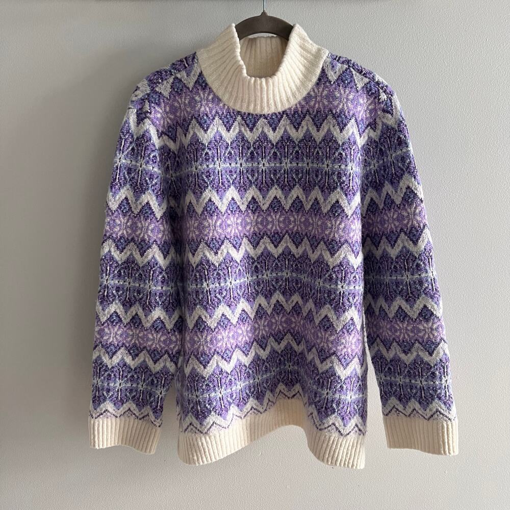 Talbots Petite Purple and Cream Zigzag Jacquard Mockneck Sweater Size LP